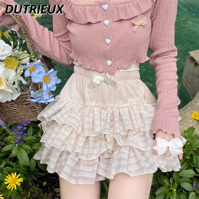 Minifalda de cintura elástica con volantes para mujer, Falda corta de pastel, estilo Kawaii, cintura alta, ajustada, línea A, dulce y lindo, Verano