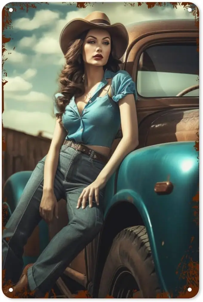 Vintage Pinup Girl and Old Truck Tin Sign Retro Wall Art Decor Metal Poster Plaque for Home Bar Pub Club Man Cave Garage 8x12 In