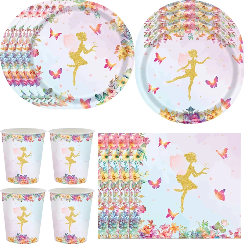 10Guests Flowers Fairy Decor Children's Party Favor Paper Cup Cake Plate Tablecloth Napkin For Kid Birthday Supplies