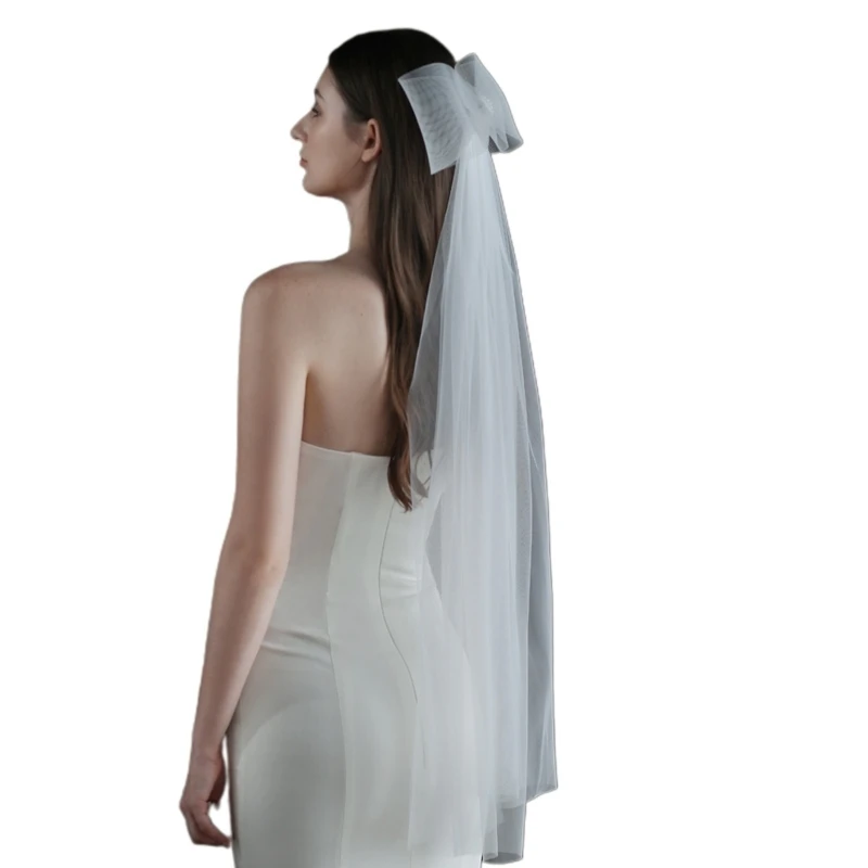 P9FE Hochzeit Brautschleier, Haarschmuck für die Braut, Schnittkante, 2-stöckig, kurzer Tüll, doppellagig, Schleife, Dekor – Detail 1