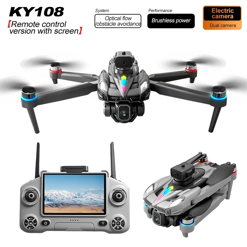 6K HD KY108 Foldable Aerial Drone Brushless Quadcopter Obstacle Avoidance Dual Camera Screen Remote Control Air Drop For Adults
