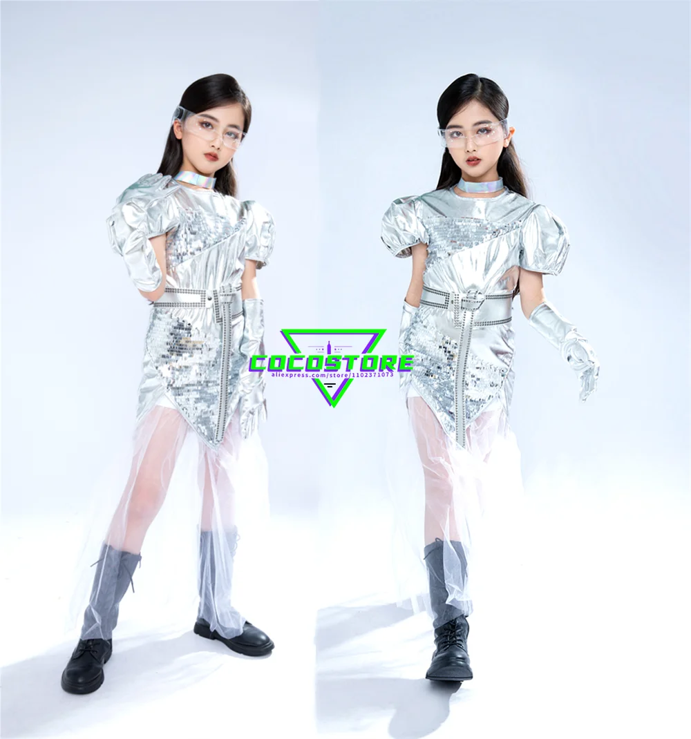 Silver Jazz Dance Costumes For Girls Fashion Stage Wear For Kids Girls Hip Hop Street Dance Children Performance Clothes