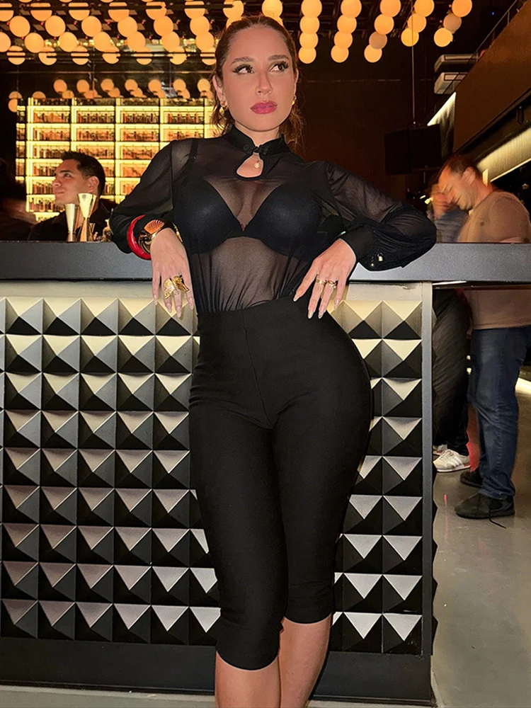 Kliou Female Club Party Style 2 Piece Set Woman Mesh See Through Button Hollow Tops+Skinny Shorts Hot Girls Sexy Fashion Outfits