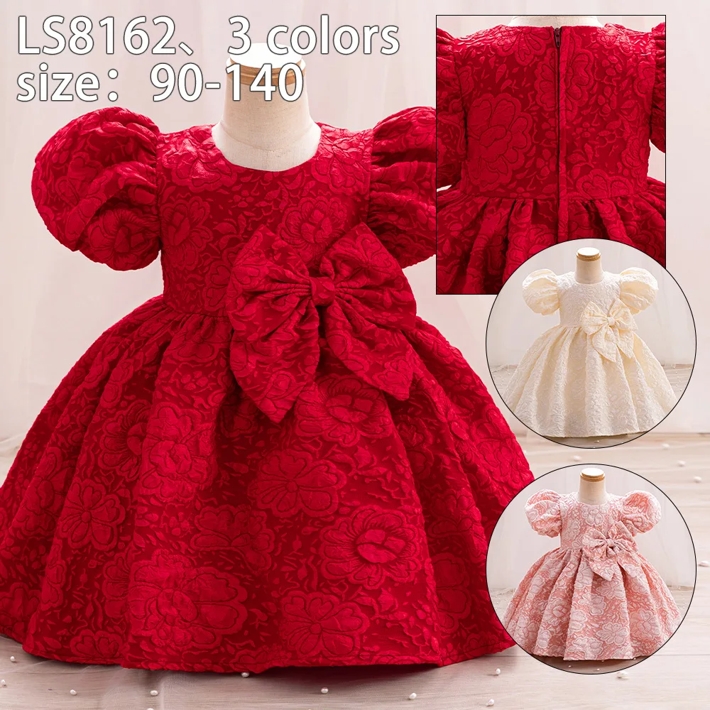 ELBCOS 2-7Y Girls Crew Neck Lantern Short Sleeve Waist Bow Fold Skirts Dark Patterned Large Flower Costumes Baby Full Dress