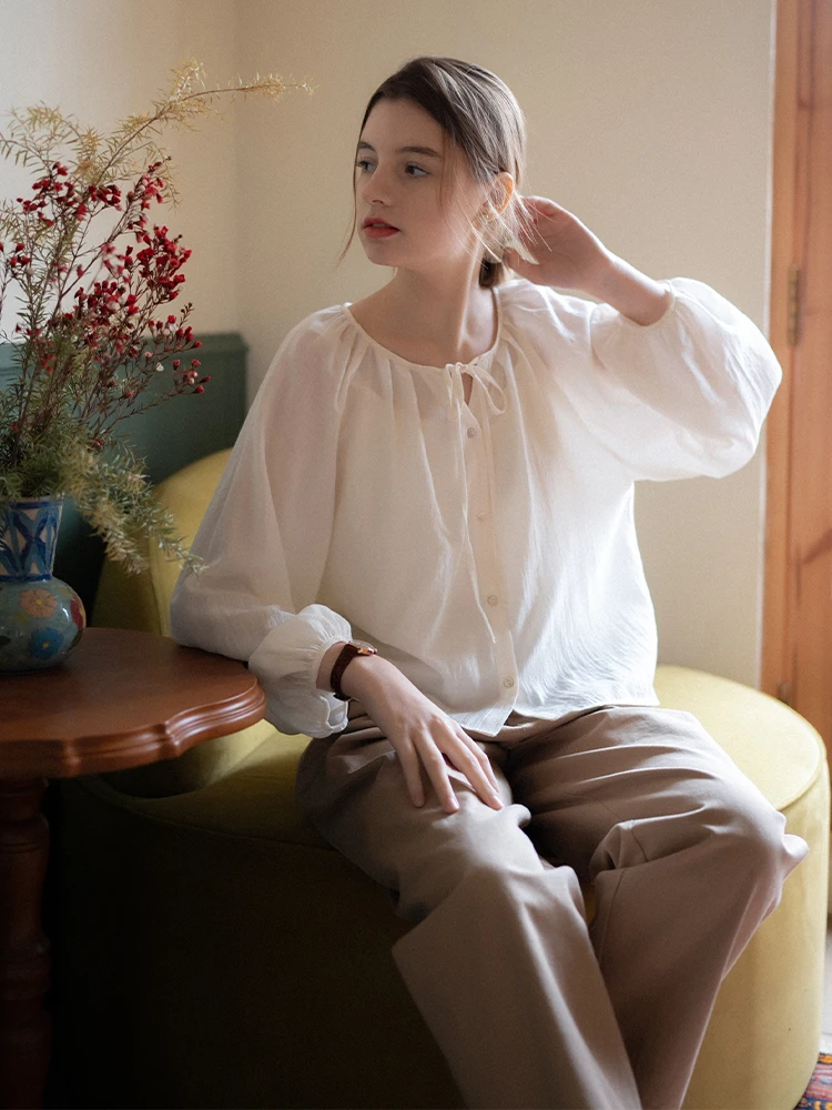 

Anti-Wrinkle Folded Shirt with Belt Sun Protection Versatile White Loose French Style Long Sleeve Polyester Acetate Blend Top