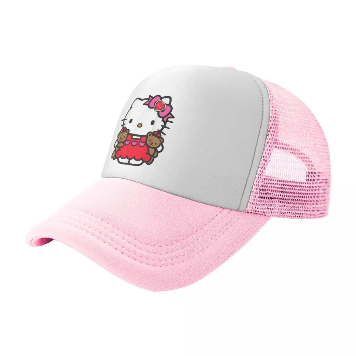 Unisex Hello Kitty Valentine Teddy Bear Trucker Hat Fashion Mesh Baseball Cap Snapback Cap Hat Trucker Hat Breathable Racing Cap