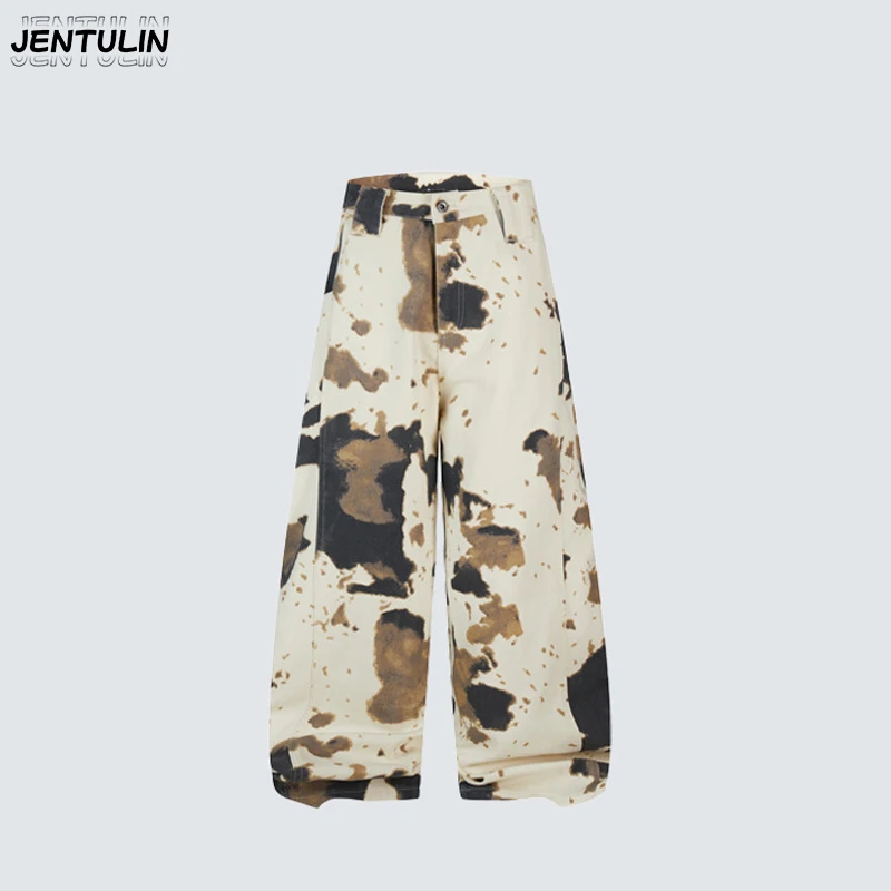 American Style Splatter Spot Denim Pant Unisex Camouflage Print Wide Leg High Street Straight-Leg Pants Casual Draping Trouser