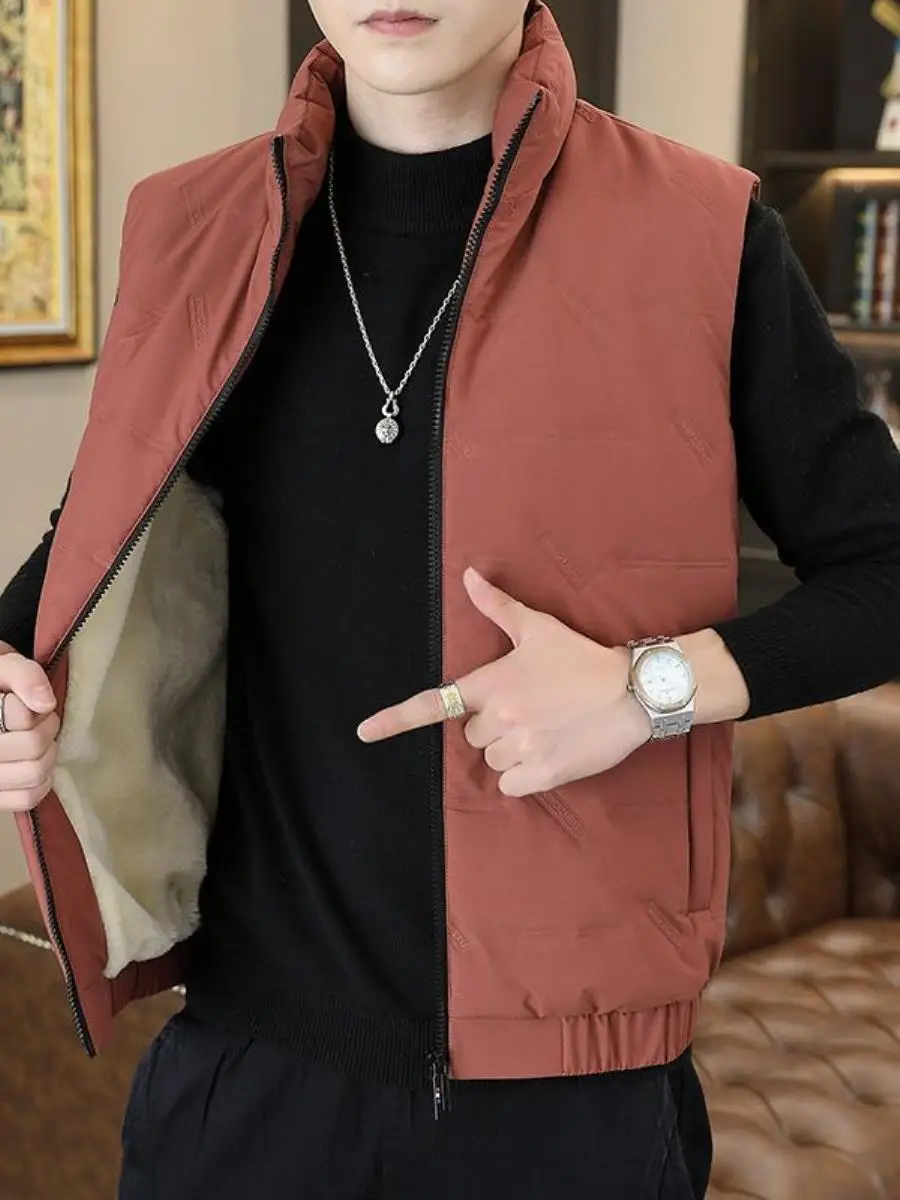 

Thiened Autumn Winter Men's Vest Jaet No Sve Stand Collar Outerwear Warm Top Cotton Vest Special Wide Fit for Middle-A...