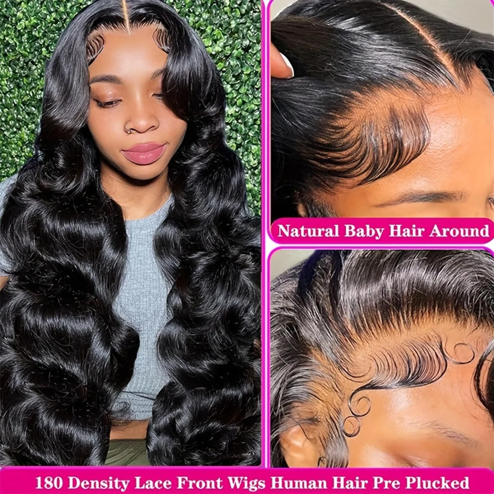 Body Wave 13x4 13x6 Lace Front Wig Human Hair Pre Plucked 250 Density with Baby Hair Natural Black 100% Human Hair Wig for Women image 2