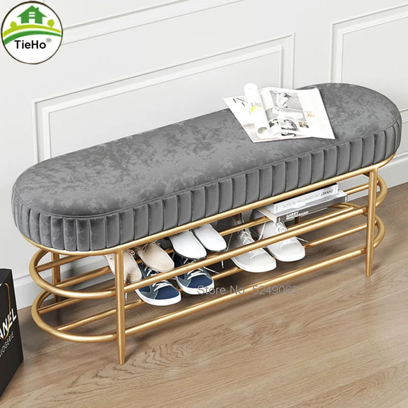 60/80/100CM Soft Velvet Shoe Storage Bench Ottoman Shoe Cabinets with 2 Tier Rack for Living Room Home Entrance Door Side