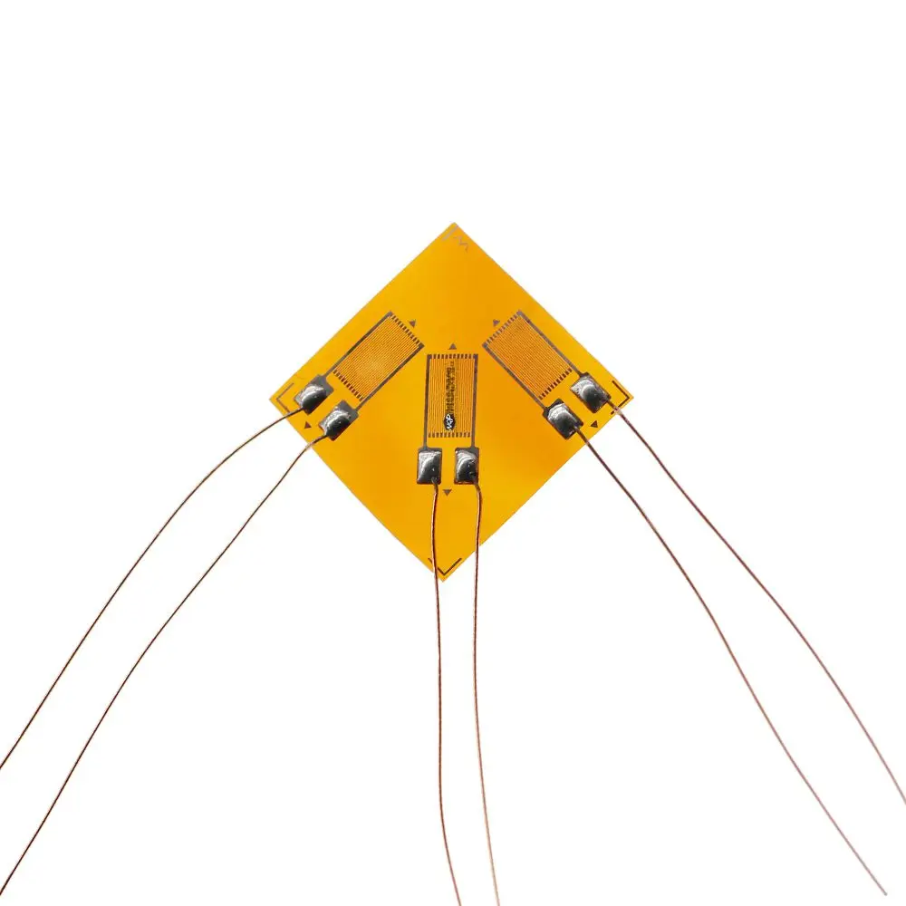 Three-directional strain rosette BF350-3CA, with a resistance value of 350 ohms, and temperature compensation.