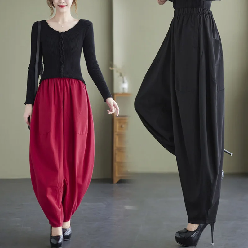 

Casual High Waist Pure Color Long Lantern Pants Artistic Large Size Women's Loose Fit Trousers Spring Autumn Faion Slimming