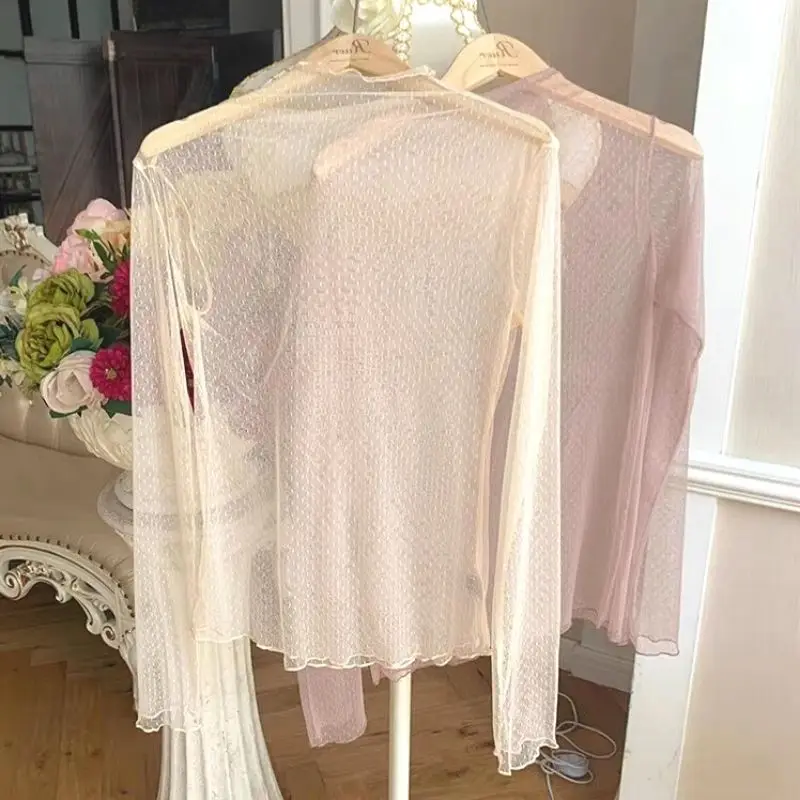 Sexy Women Transparent Mesh Tops Lace Long Sleeve See Through bottoming top dots T-shirts Summer Elegant Blouses Sheer Tees