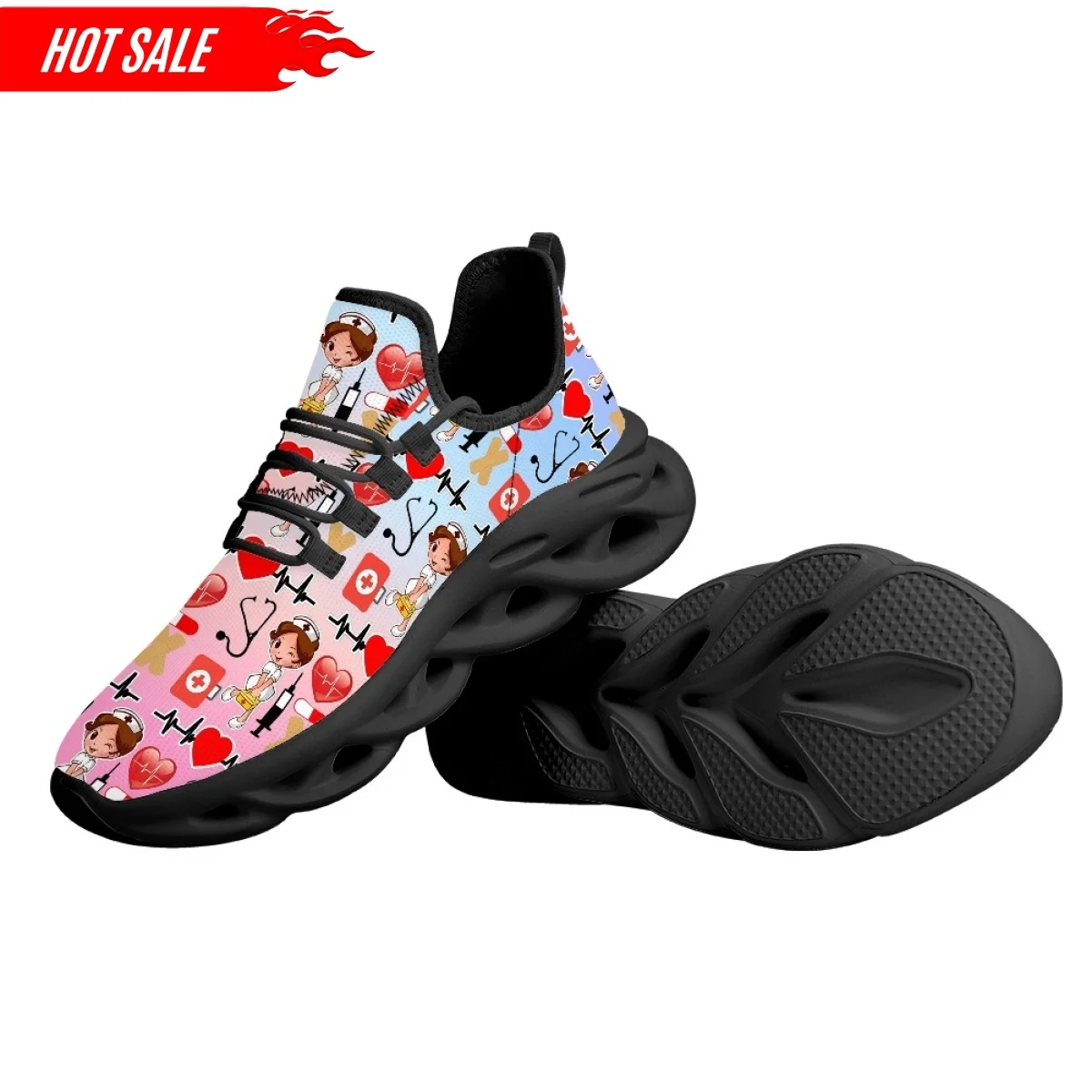 Fashion Women's Nurse Shoes Casual Flat Sneaker Gradient Color Nurse Print Ladies Lace Up Light Walking Shoe Breathable Footwear