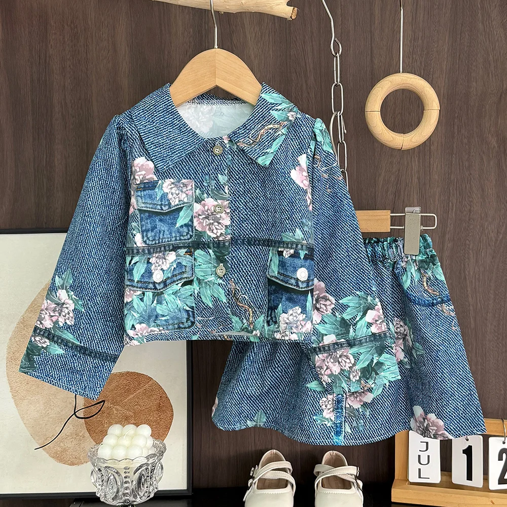 Autumn Promotion Blue Casual Denim Suit with Floral Print Jacket and Short Skirt for Girls Aged 3-7