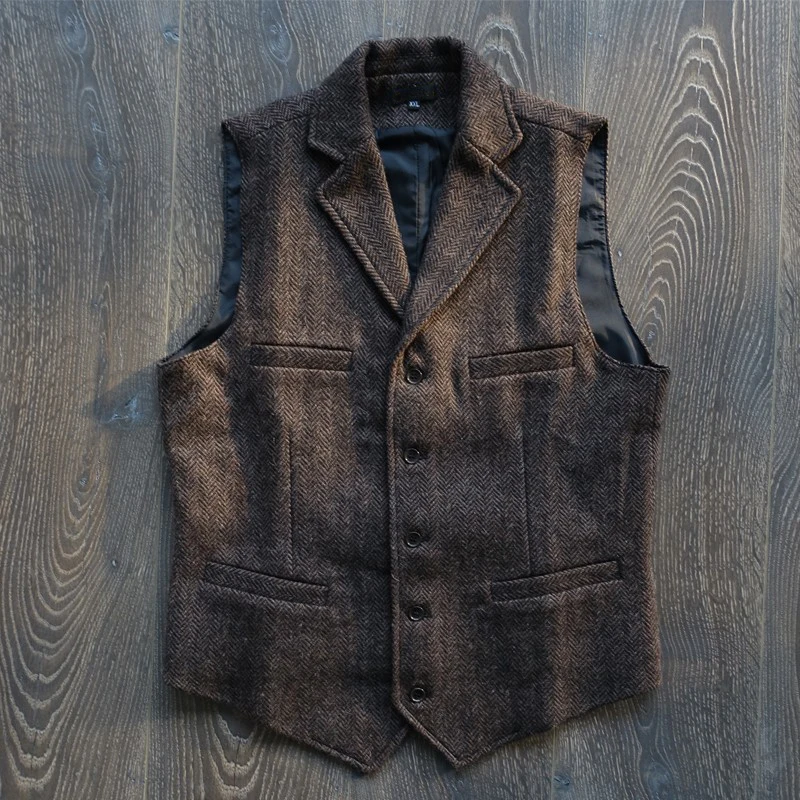 Vintage Herringbone Pattern American-Style Workwear Heavy Wool Tweed Notched Lapel Coffee-Colored Khaki Vest
