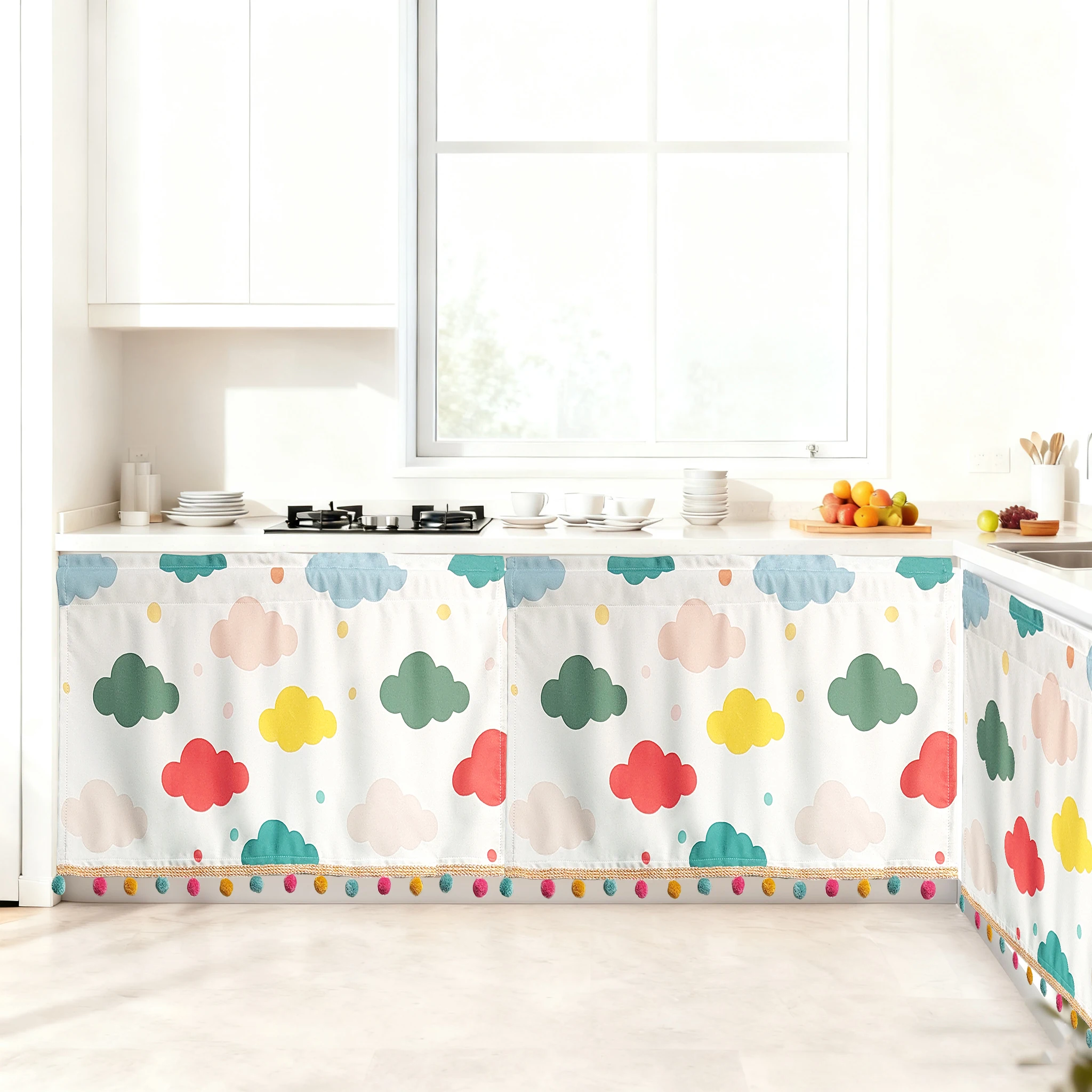 

Korean Cute Cartoon Colored Cloud Short Curtain For Kitchen,With Pom-pom Decoration Small Window Curtain,Blackout Half Curtain