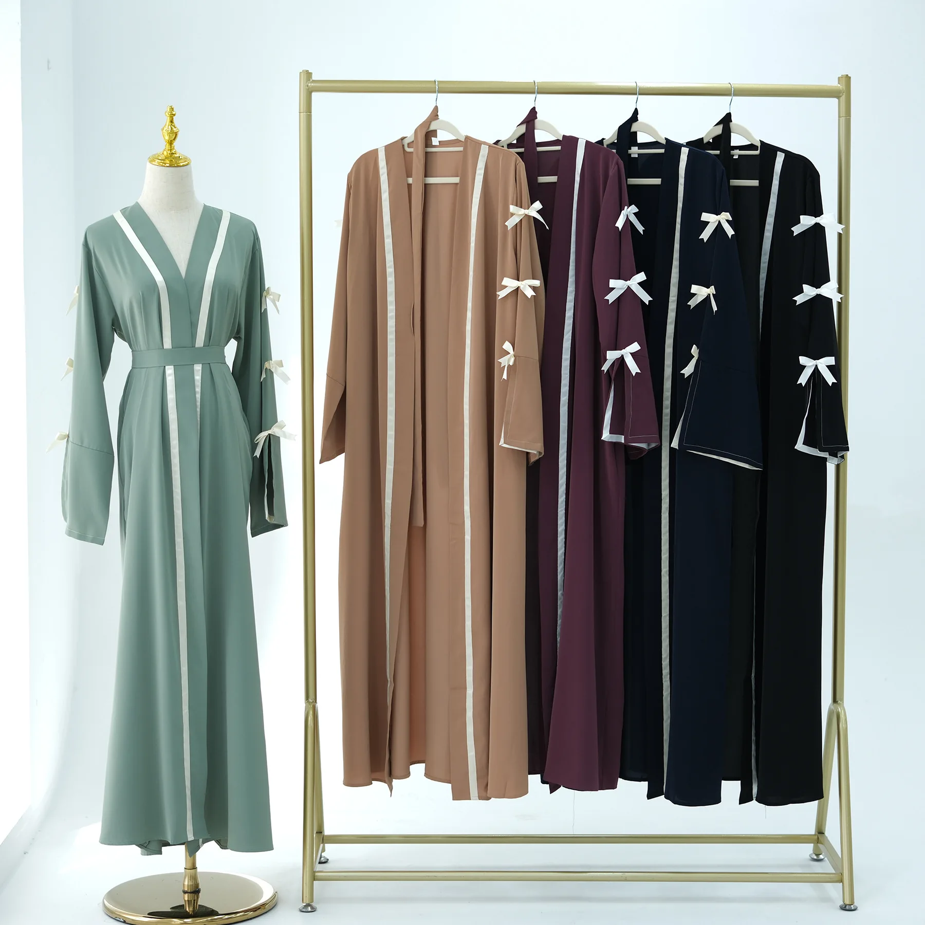 

New Bow Abayas for Women Dubai Kimono Cardigan Muslim Dress Turkey Kebaya Caftan Marocain Femme Robe Islam Jalabiya Kaftan Gown
