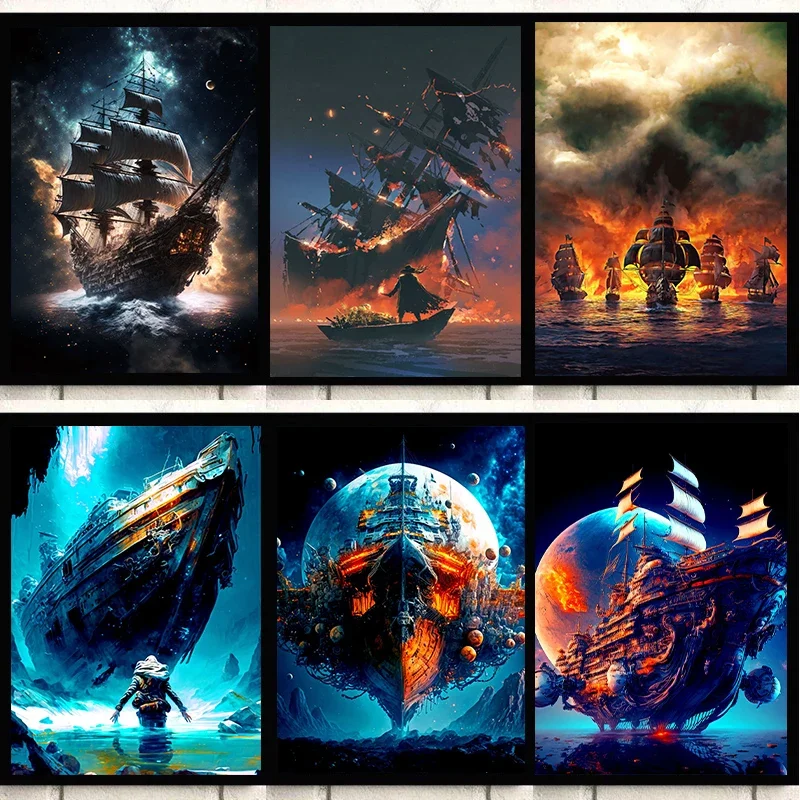 Fantasy Ship Collection Art Posters and Prints Retro Pirate Ship Art Canvas Painting Wall Art Picture for Living Room Home Decor