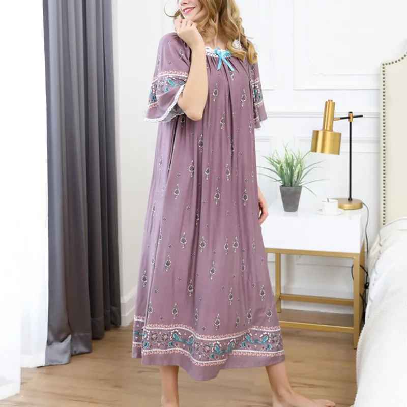 2022 Women Nightdress Cotton Short Sleeve Long Dressing Gown Sleepskirt Women\'s Pajamas Sleepdress Sleepwear Plus Size Outwear