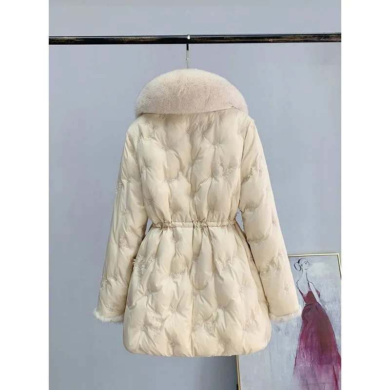 Faux Nerz Weiße Entendaunen Slim-Fit Mantel für Frauen High Fashion Jacke Winter Neue Abnehmbare Faux Fuchs Pelz Kragen Pelz Daunenjacke