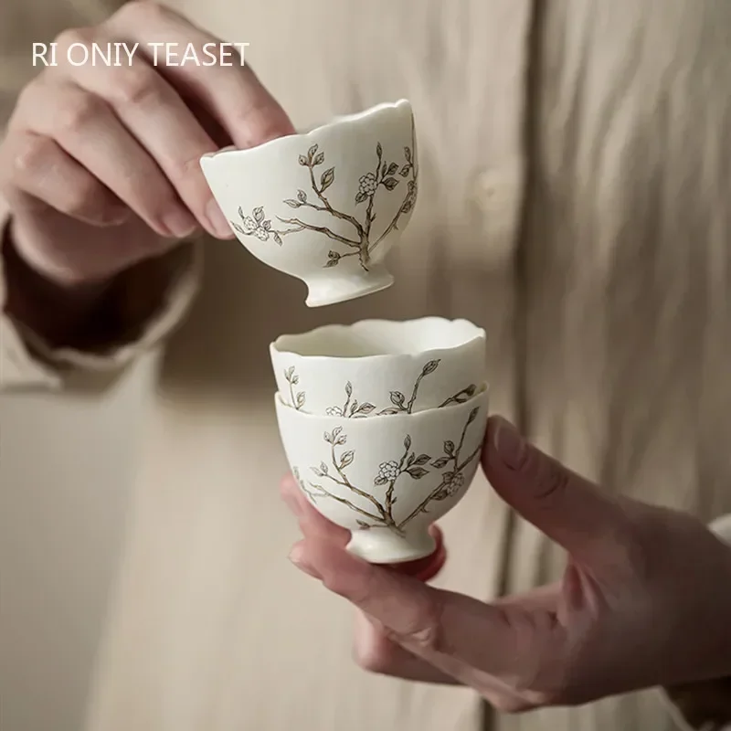 1 Pc Chinese Hand-painted Peach Blossom Tea Cup Ceramic Tea Bowl Vintage Personal Teacup Handmade Tea Set Travel Meditation Cup