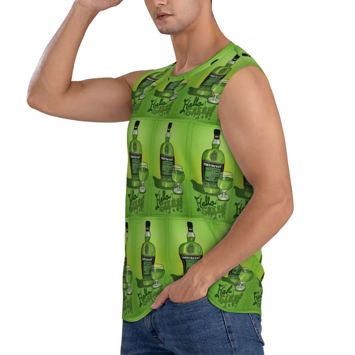 Green Chartreuse Bottle Oil Painting Drink 1 Men Sleeveless Tank Tops Quick Dry Breathable Gym Fitness Running Summer Sport Vest