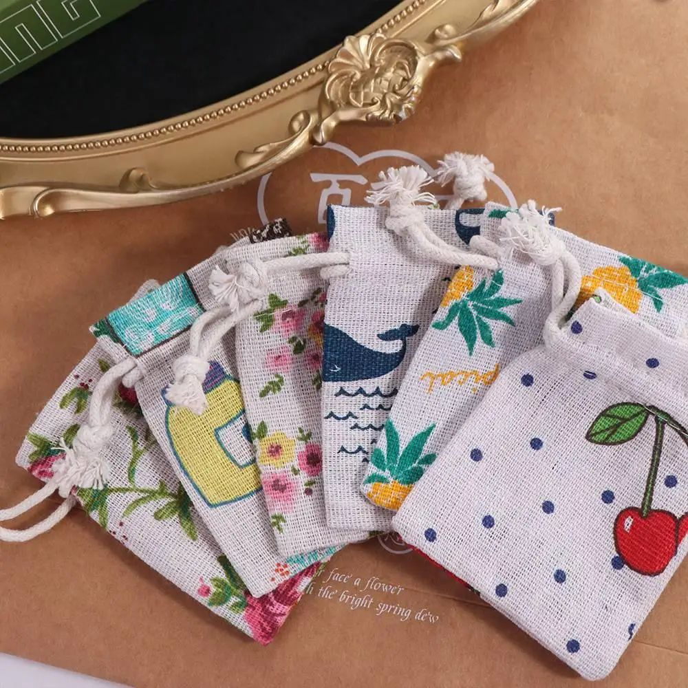Dustproof Mini Drawstring Linen Pouch Flower Cartoon Packaging Coin Purse Cherry Whale Jewelry Storage Bag Gift Bag