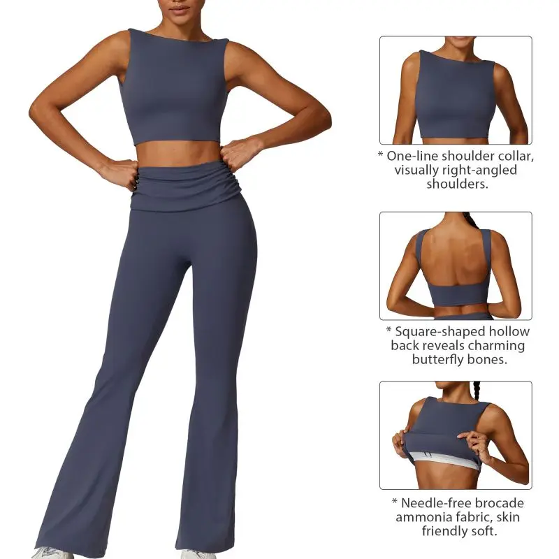 Women 2PCS Tight Fitting Sports Set Gym Tracksuit Workout Yoga Suit   Breathable Bra Tank Top Loose Bell-bottoms Leggings