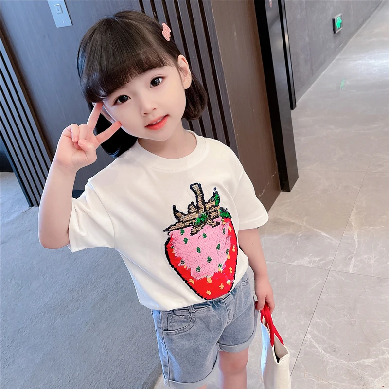 Girls Strawberry Fruit Print T-shirt Children's O-neck short sleeved All-match Casual Tops