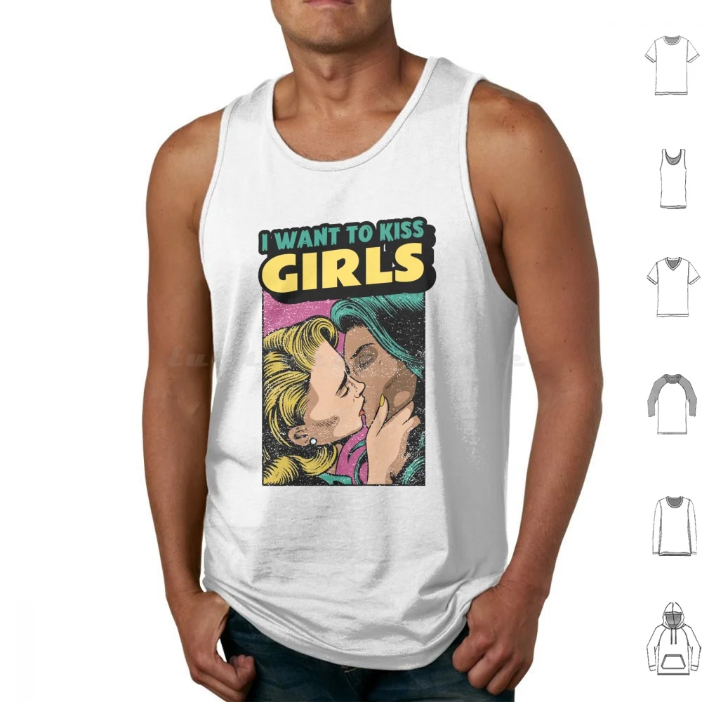 I Want To Kiss Girls Tank Tops Print Cotton I Want To Kiss Girls Vintage Retro Wlw Sapphic Pride Queer Bisexual Bi