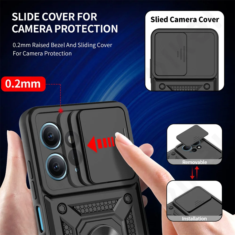 Case For Xiaomi Poco F5 X5 M5 Pro Redmi Note 12 12S 11 Pro 13 12T 11T 4G 5G Slide Camera Protector 360 Ring Armor PC Hard Cover