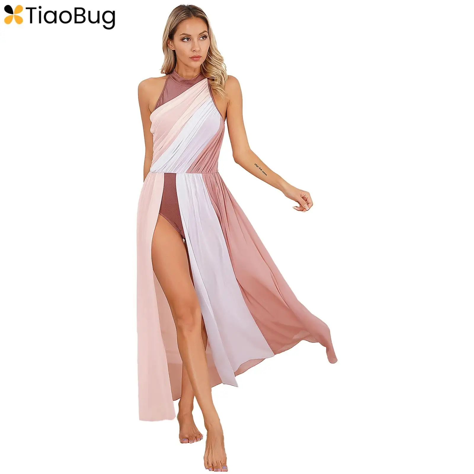 Vestido de Dança Lírica Moderno Feminino, Sem Mangas, Bloco De Cores, Vestidos Divididos, Salão De Baile, Ballet, Traje De Performance De Palco, Moda