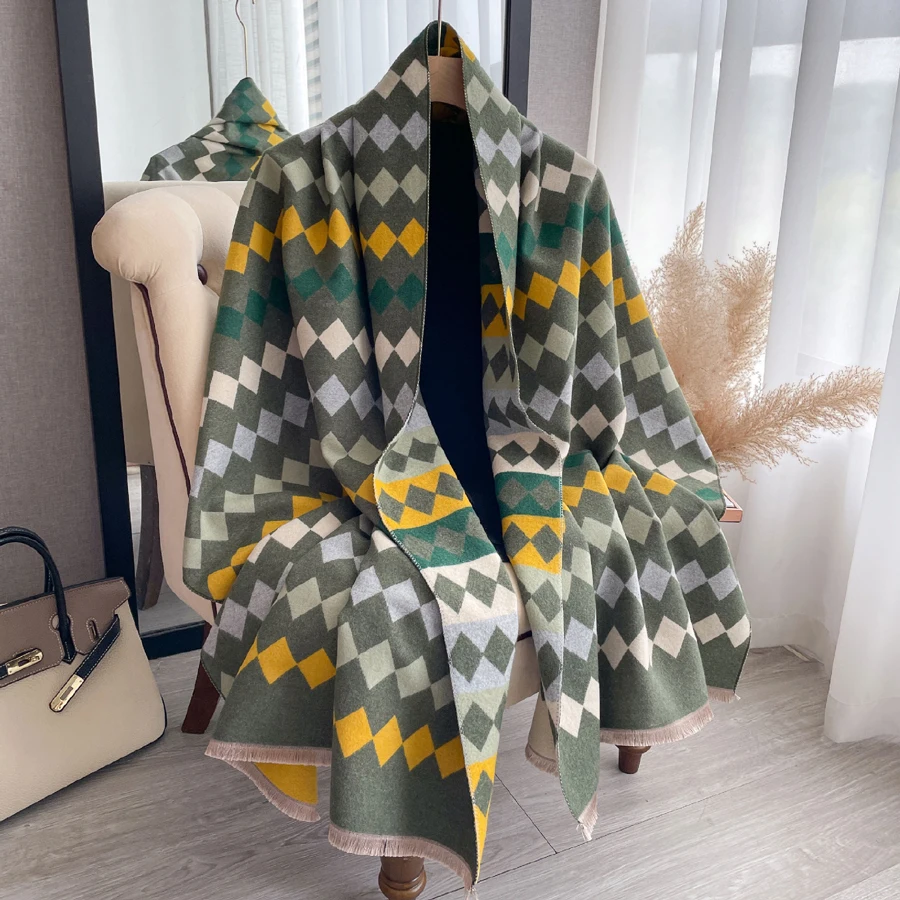 Fashion Contrast Colors Geometry Stripe Acrylic Cashmere Scarf Shawl Unisex Winter Neckerchief Thick Cape Wraps Double Sides