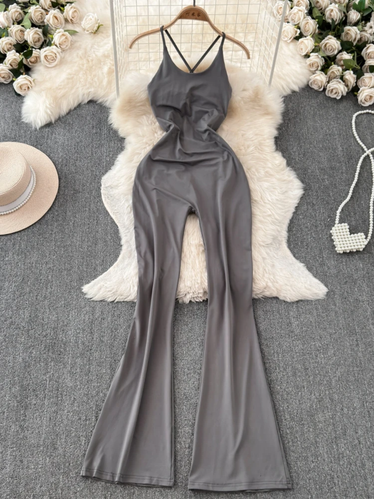 

Foamlina Summer Sexy Spaghetti Strap Jumpsuit for Women Fashion Solid O Neck Sleeveless Backless Full Length Flare Pants Rompers