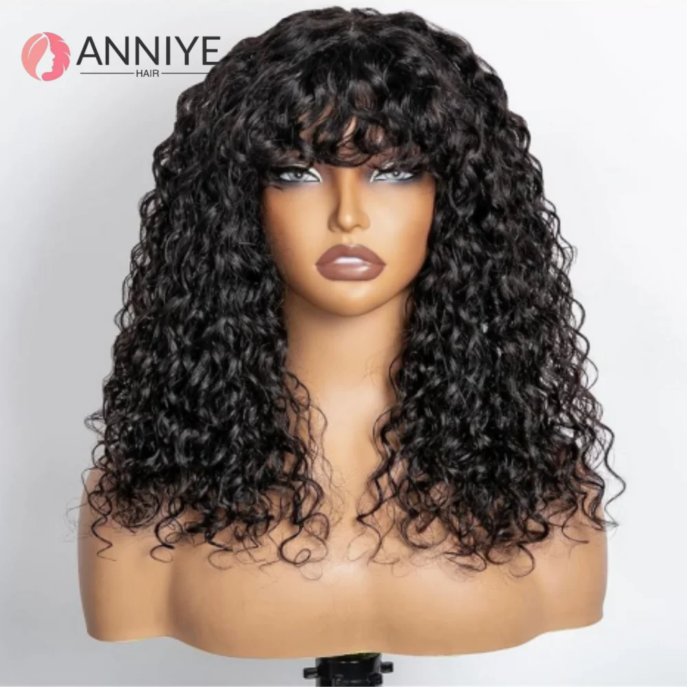 

Water Wave Human Hair Wigs For Women Glueless Short Kinky Curly Bob Wig With Bangs Perruque Cheveux Humain Full Machine Made Wig