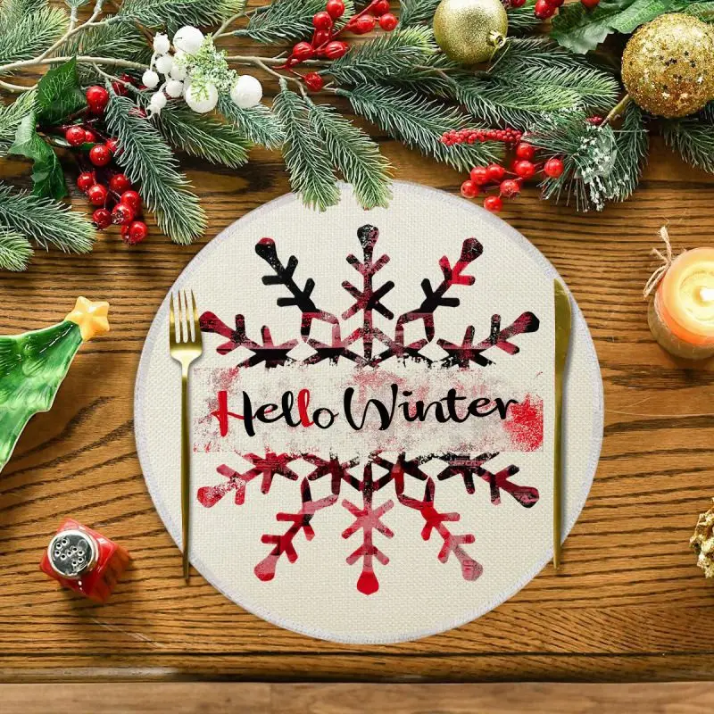 VIKAMA Green Cartoon Snowman Round Placemat Olive Backdrop Carrot Nose Plaid Scarf Flake Xmas Table Mat Soft Plush Durable Cozy