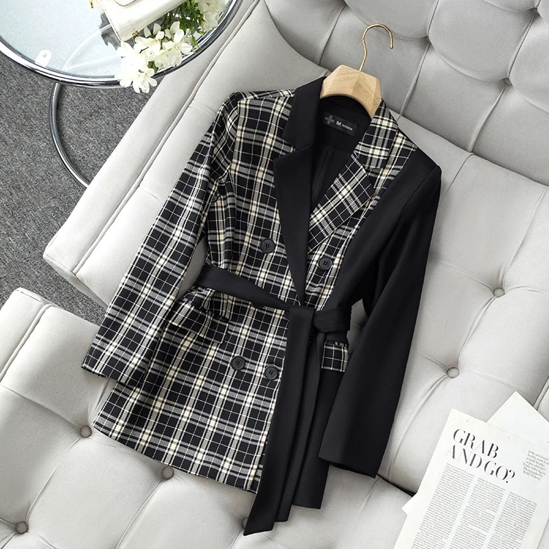 ZJYT Herbst Koreanische Mode Plaid Print Blazer für Frauen Büro Dame Jacke Mantel Feminino Plus Größe Outer Veste Femme Schwarz