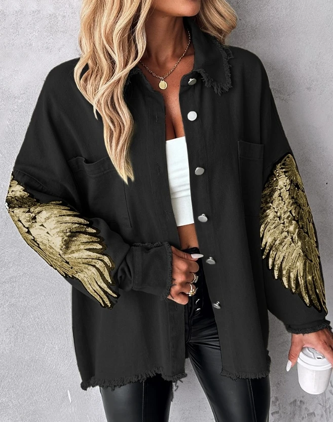 Women\'s Outerwear 2023 New Hot Selling Fashion Wing Pattern Contrast Sequin Buckle Long Sleeved Shirt