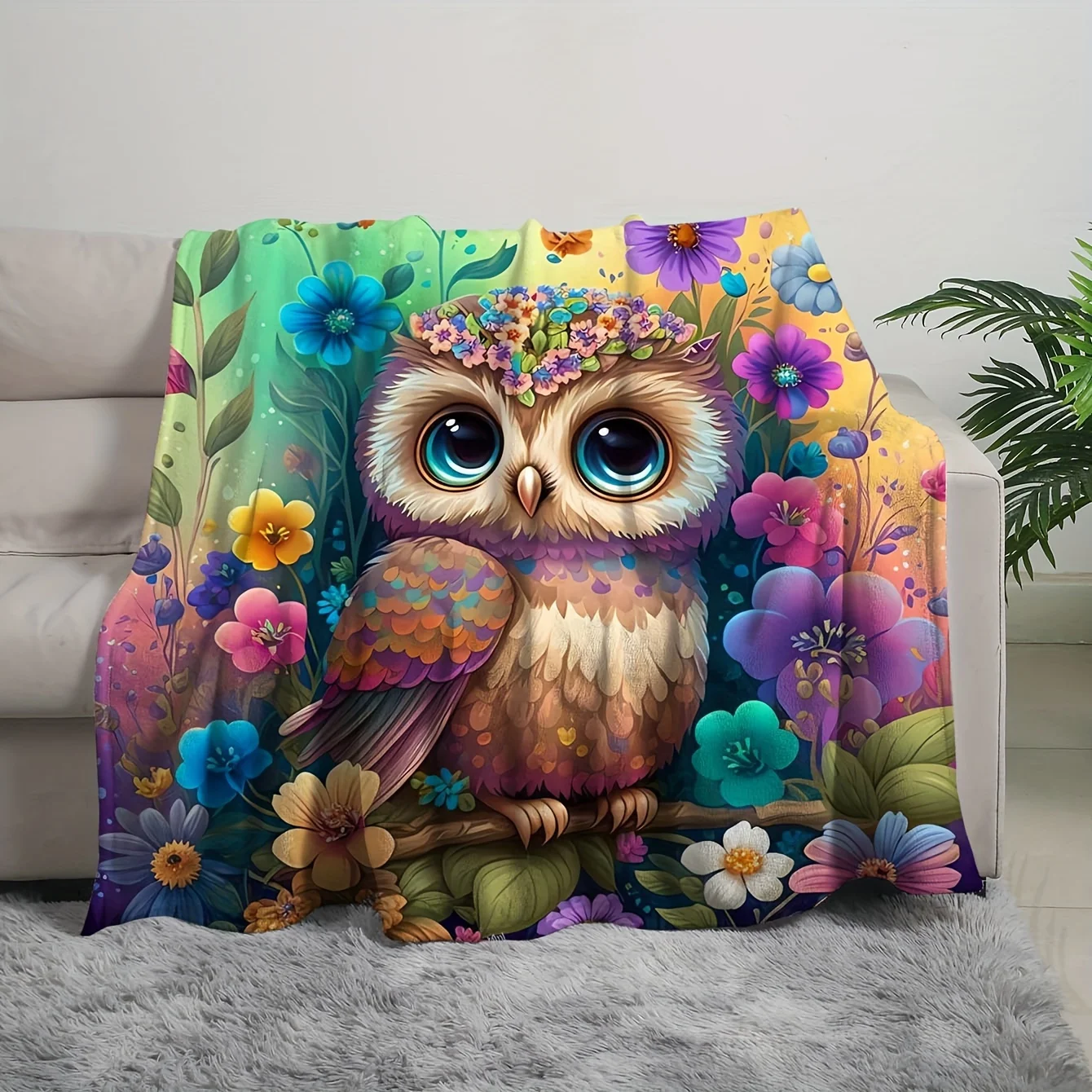 Colorful Owl & Floral Print Flannel Blanket Vibrant Digital Printed Design, Soft Polyester, Reversible, Sofa, Bedroom Decor