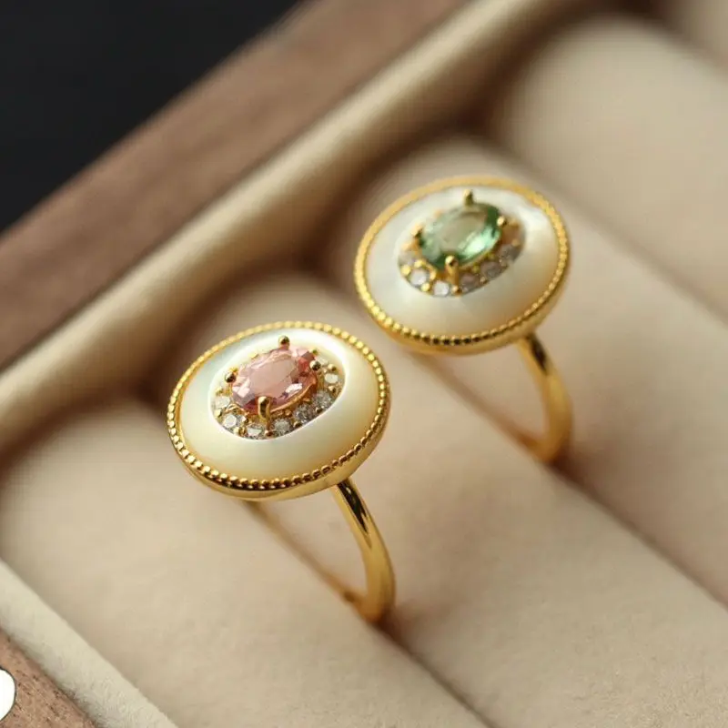 

Artificial Fritillaria Inlaid Pink and Green Crystal rings for women Fashion Sweet and Exquisite Luxury engagement ring Jewelry