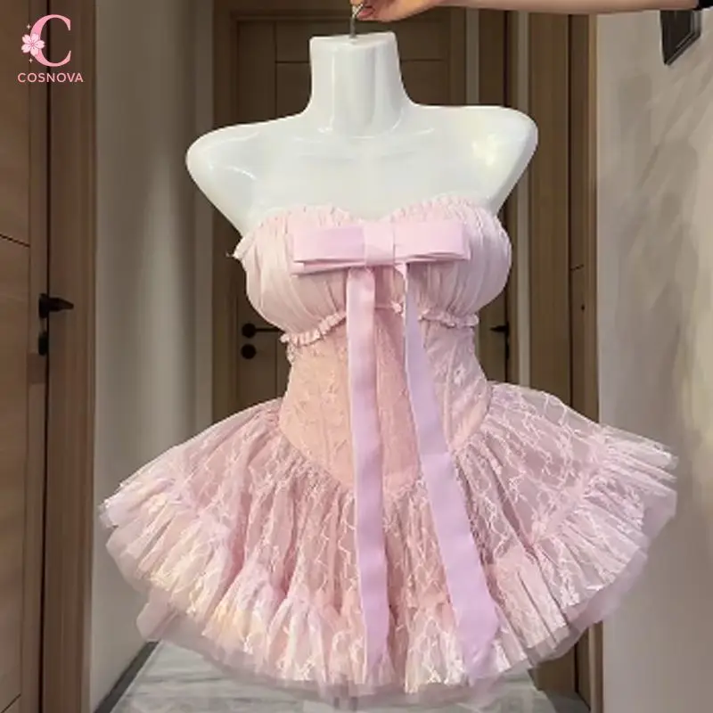 Sweet Coquette Off Shoulder Bowknot Tulle Dress Women High Waist Puffy Fairy Princess Dress Female Elegant Luxury Party Gown New