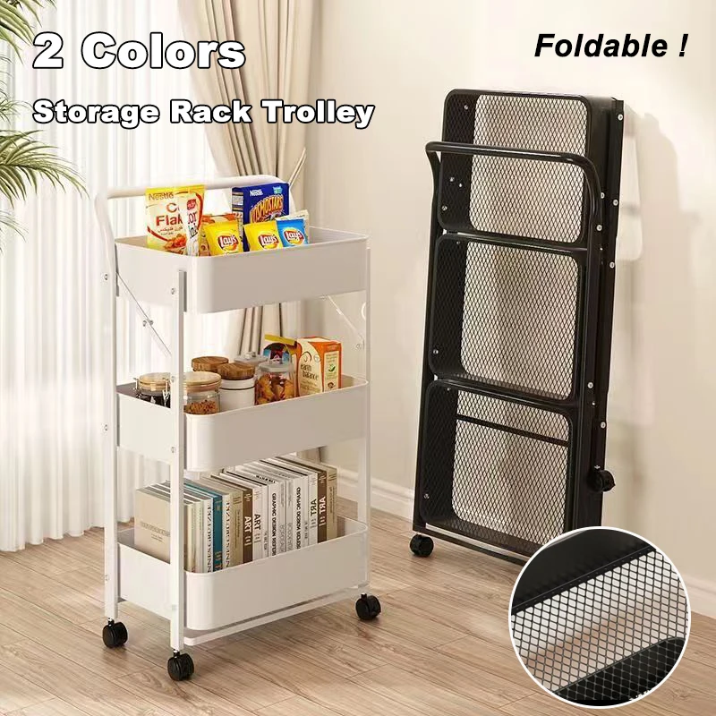 Folding Storage Rack Trolley Kitchen Bathroom Bedroom Multi Storey Snacks Shelving Organizer Carts Mobile Trolley Storage Rack