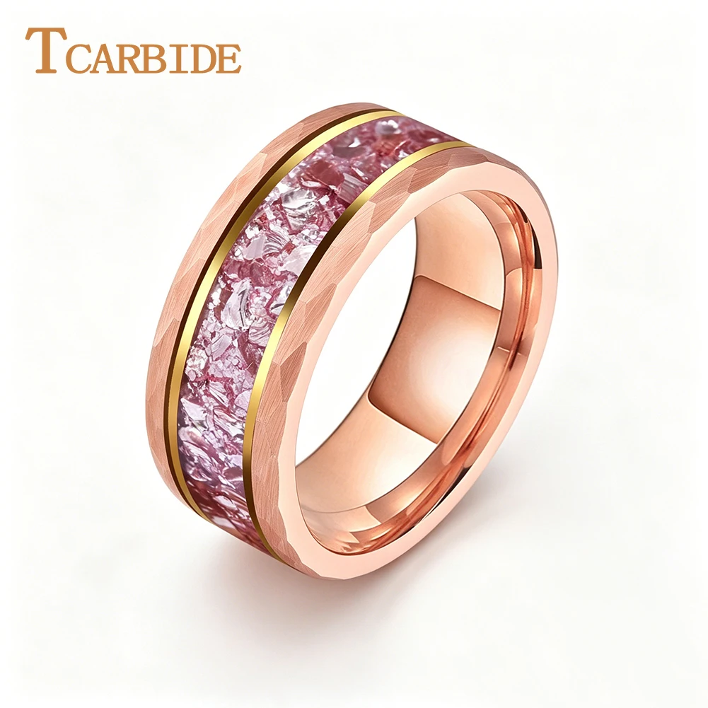 tcarbide-8mm-美しいピンクモルガナイト石象嵌結婚指輪男性女性タングステンハンマーリングコンフォートフィット