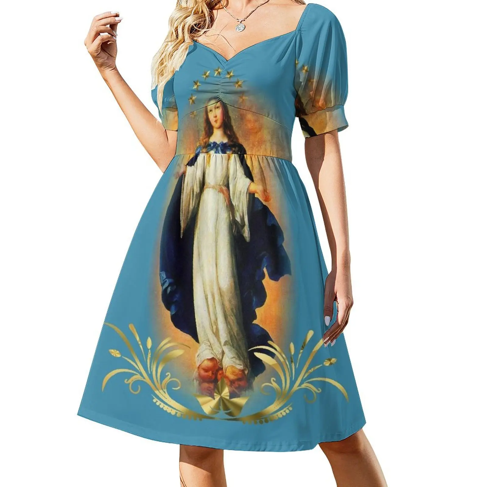 

Immaculate Conception Assumption Virgin Mary Nicaragua Patron Saint Short Sleeved Dress Summer women's clothing Dress