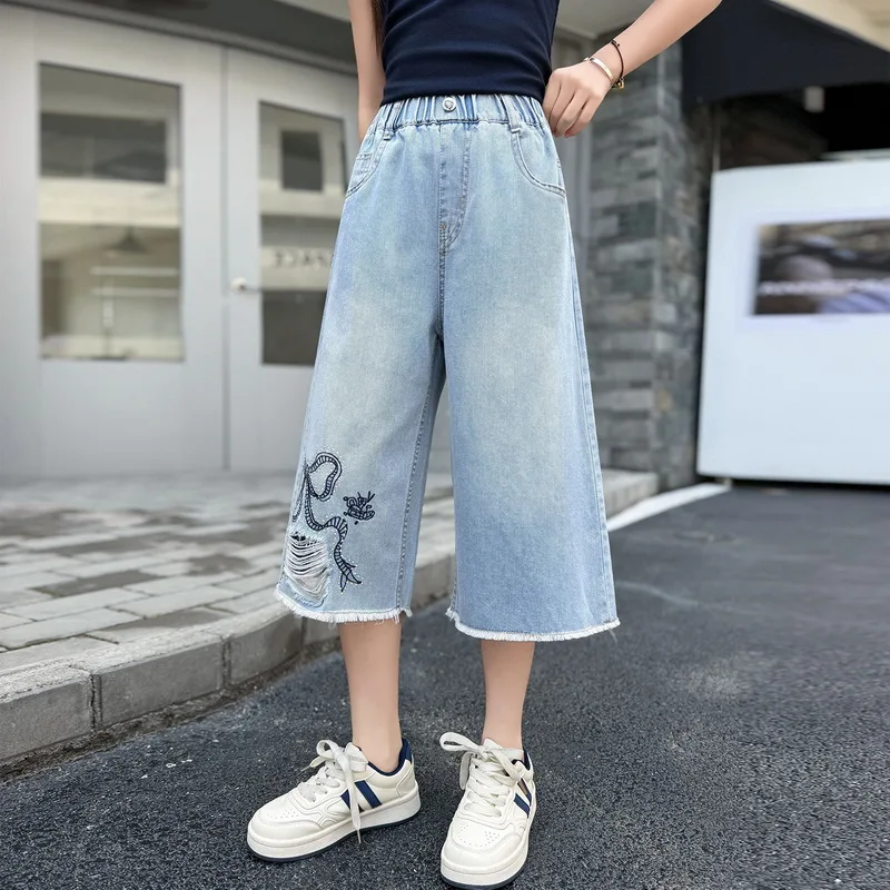 Summer Kids Wide Leg Cropped Jeans Shorts With Rhinestone Bow For Teens Girl Casual Streetwear Denim Shorts Child Hole Capris view 4