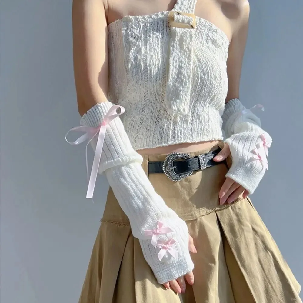 Manicotti con fiocco in maglia elastica alla moda Y2K Guanti lunghi mezze dita caldi Scaldamuscoli dolci stile coreano per ragazze