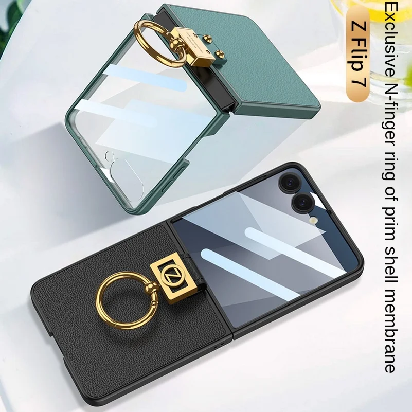 

Plain Leather Galvanized Ring Glass Protective Film Case for Samsung Galaxy Z Flip 7 6 5 Camera Protect Cover