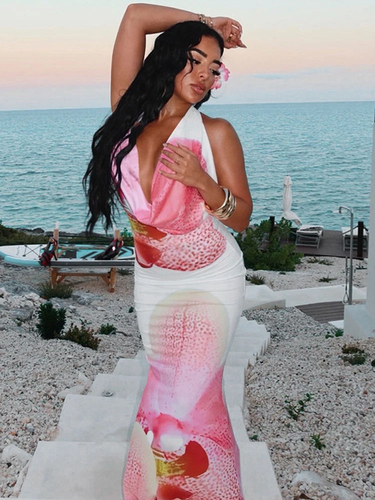 Floral Print Deep V Neck Sexy Maxi Dress For Women 2025 Summer Backless Sleeveless Slim Long Dress Beach Holiday Party Vestidos