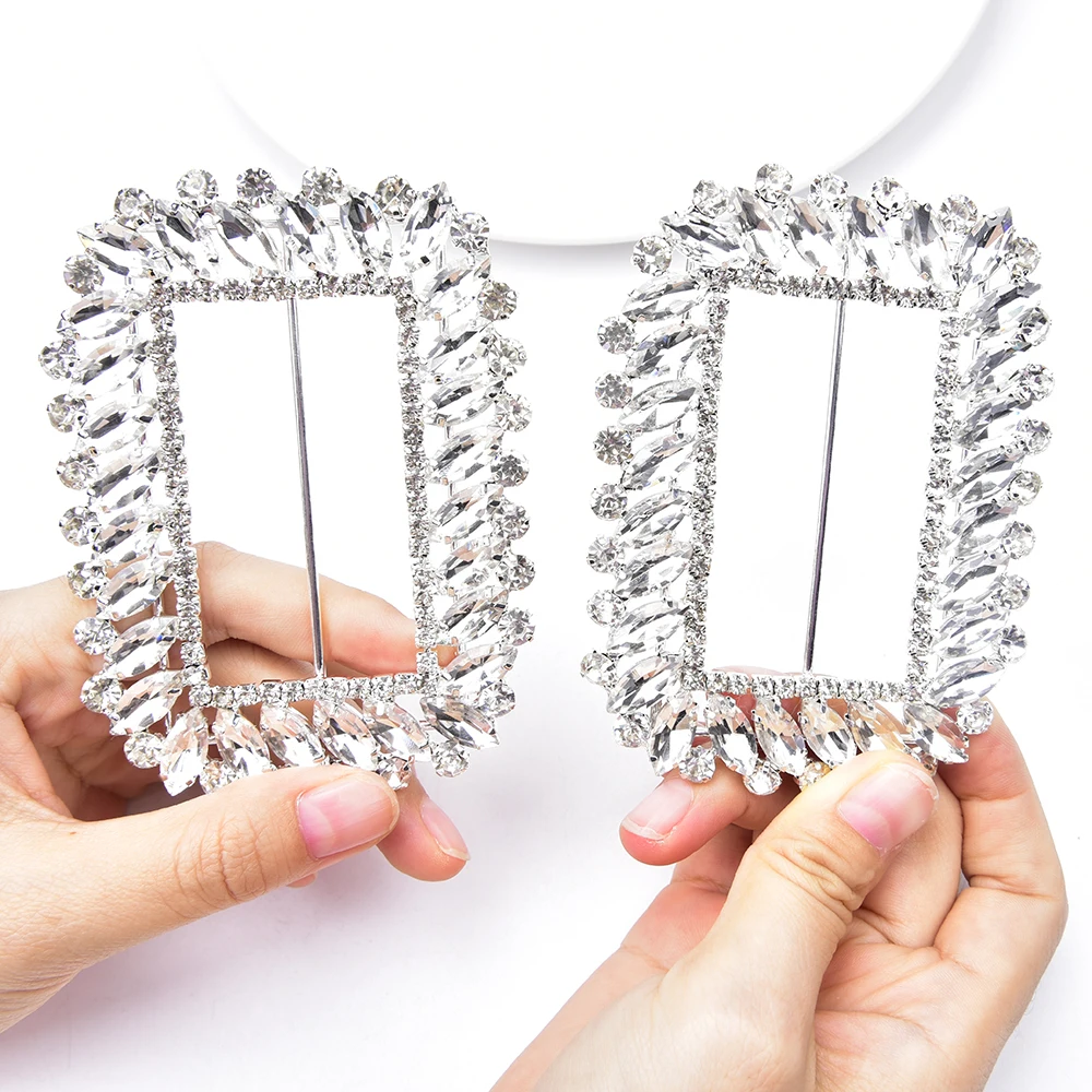 Silver Gold Color Large Rectangle Rhinestone Crystal Metal Buckle for Dress Belt Sash Shoes Bags Decorative Accessories